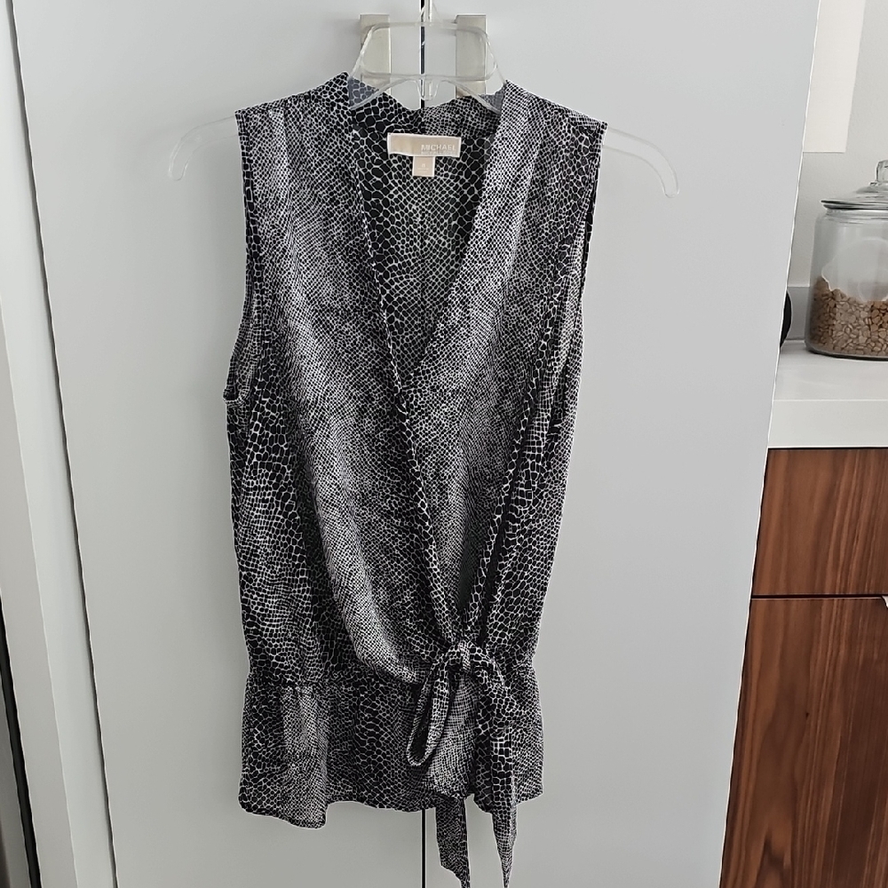 Michael Kors Black and White Wrap Blouse